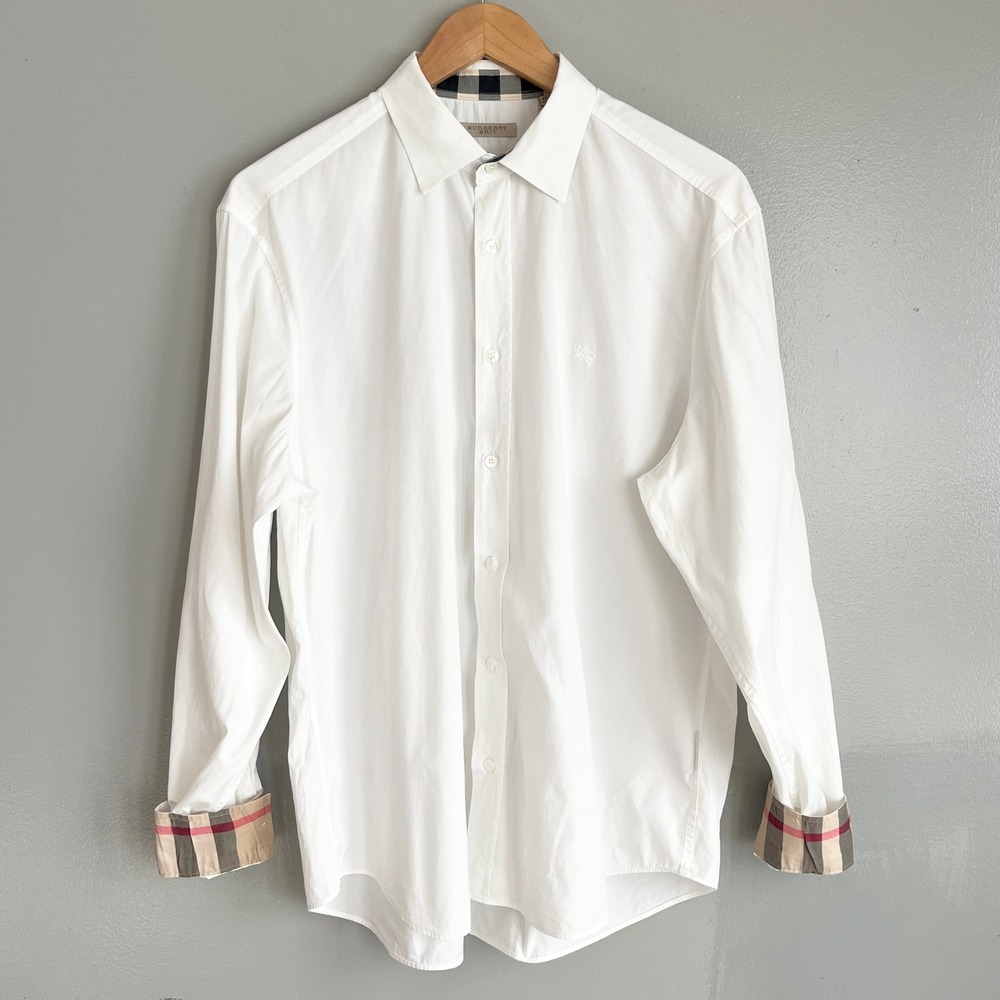 Burberry Brit Button Shirt Oxford Mens XL White Nova Check Cuff Cotton Poplin